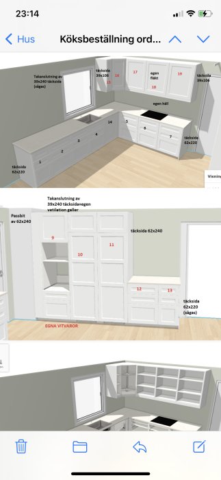 3D-ritningar av ett kök med numrerade skåpsmoduler, vitvaror ej inkluderade, modern design, anpassningsbar planlösning.
