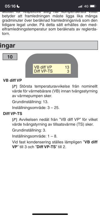 Skärmdump av inställningar för värmesystem, med text på svenska om temperaturavvikelser och tvångsstyrning.