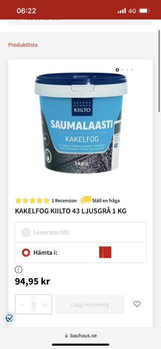 En online produktbeskrivning av Kiilto klinkerfog, ljusgrå, 1 kg.