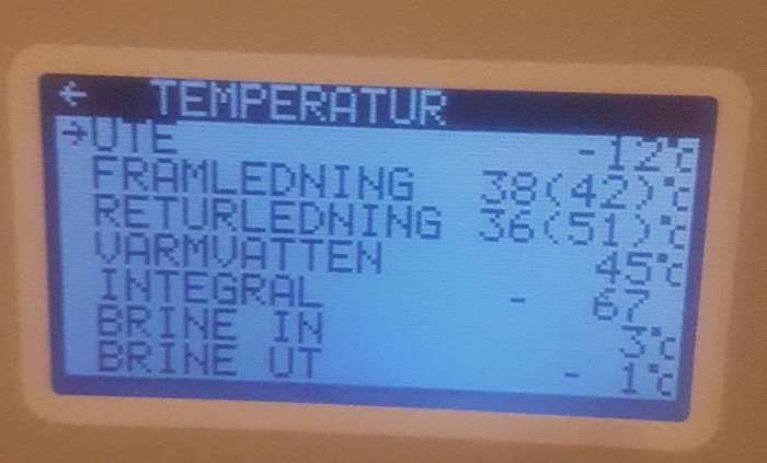 LCD-display som visar temperaturvärden för olika komponenter, sannolikt för uppvärmningssystem. Text på svenska, blå bakgrundsbelysning.