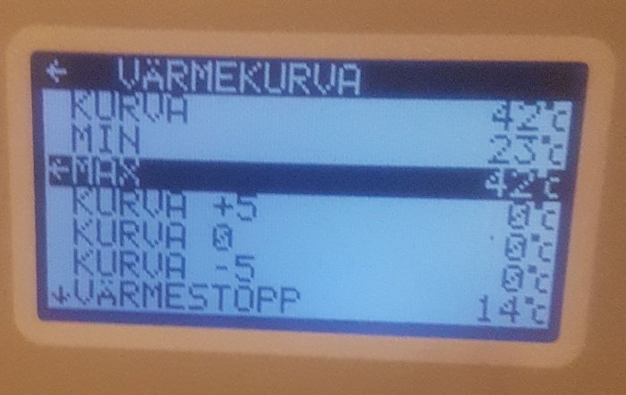 Digital display visar temperaturdata, möjligen från en värmepump eller termostat, med diverse inställningar och värden.