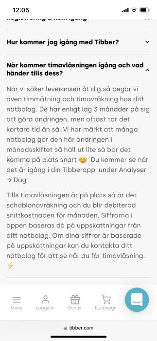 Skärmavbild av en FAQ på en webbsida som behandlar frågor om Tibber och timavläsning.