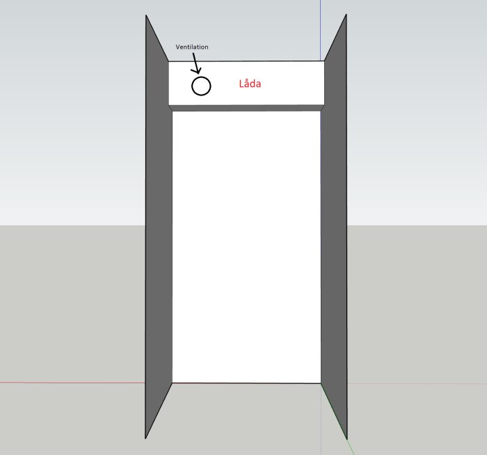 En enkel ritning visar framifrån en öppen hiss eller schakt med "Låda" och "Ventilation" märkta.