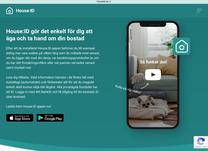 Webbsida för House:ID app, information om bostadshantering, ladda ner från App Store eller Google Play.