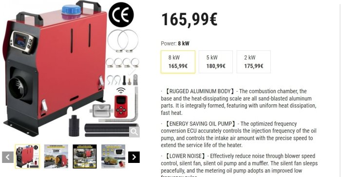 Produktbild av röd värmare, tillbehör, prissättning och funktionsegenskaper visas; 8 kW modell för 165,99 euro.