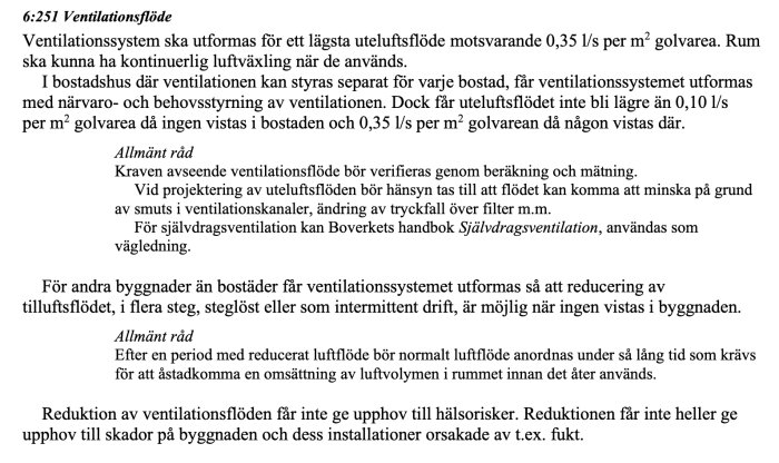 Svensk text om ventilation, minsta uteluftsflöde, riktlinjer, råd, boverkets handbok, användning vid närvaro.