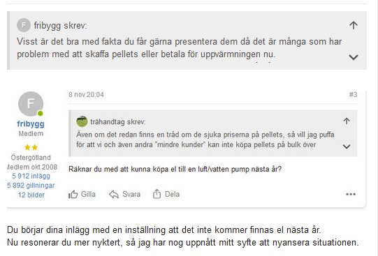 Forumtråd om svårigheter med att få tag i eller betala för pellets och alternativa uppvärmningsmetoder.