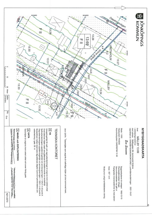 Teknisk ritning, planlösning, vägkonstruktion, Jönköpings kommun, detaljerade markeringar, text och symboler, infrastrukturprojekt.