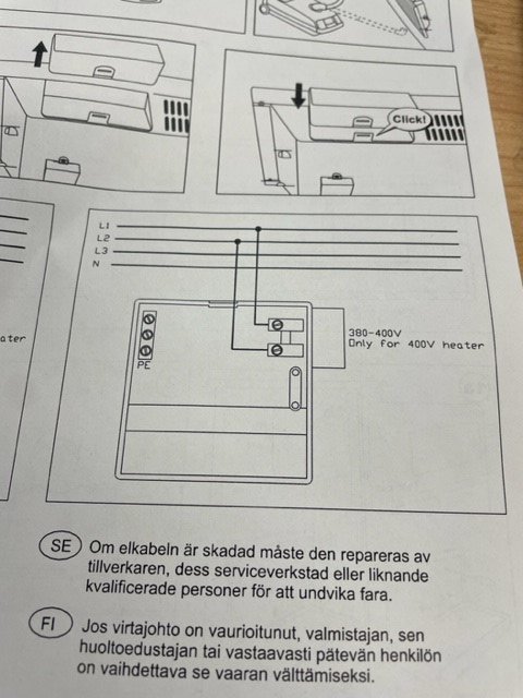 Elledningsschema för anslutning av 400V värmeelement med varningstext på svenska och finska.