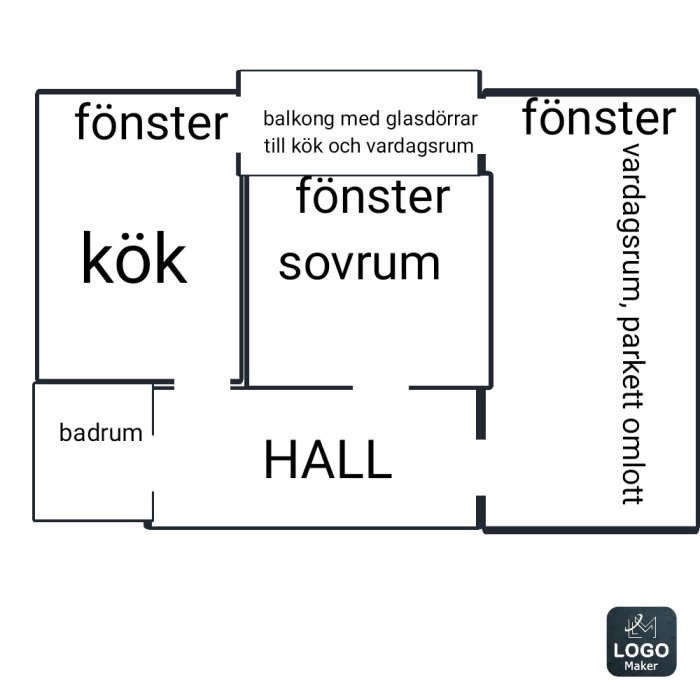 Svensk planritning av en lägenhet, visar kök, sovrum, vardagsrum, badrum och hall.