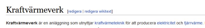 En skärmdump som visar en artikelrubrik "Kraftvärmeverk" och en kort definition på svenska.