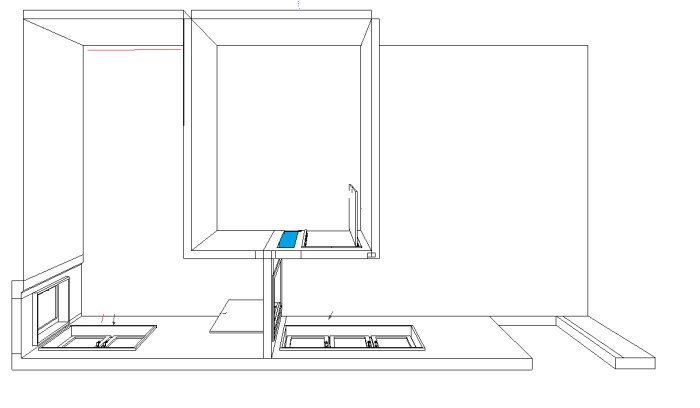 Arkitektonisk ritning av inre rum, troligtvis kök, med skåp och arbetsytor, minimalistiskt och översiktligt.