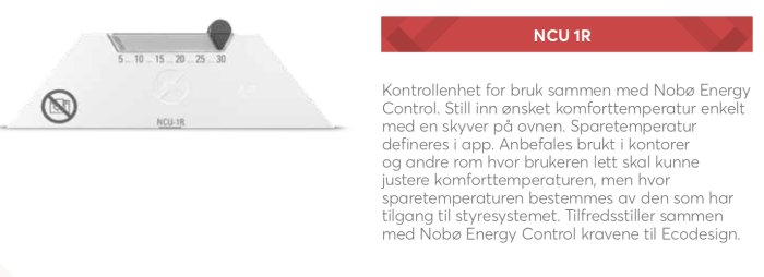 Vit kontrollenhet för temperaturjustering med skjutmekanism och ikoner, bredvid textbeskrivning på svenska.