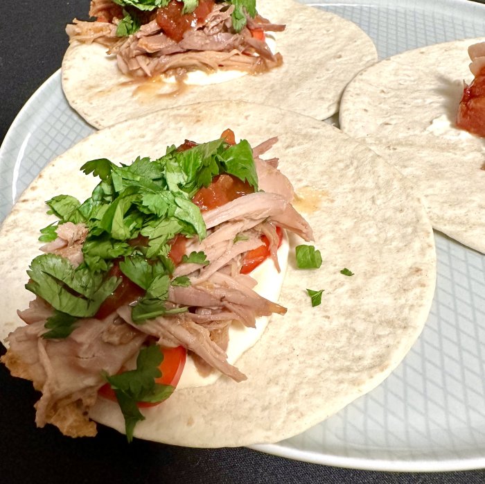 Tortillabröd med kyckling, tomat, salsa och färsk koriander på en tallrik.