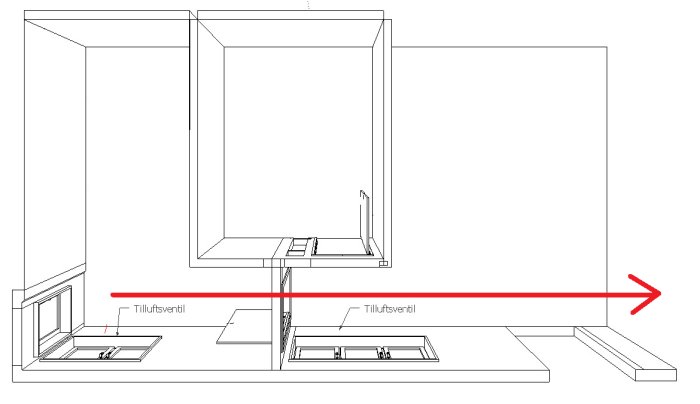 Teknisk ritning av ventilationssystem med angivna luftflödesriktningar och tilluftventiler.