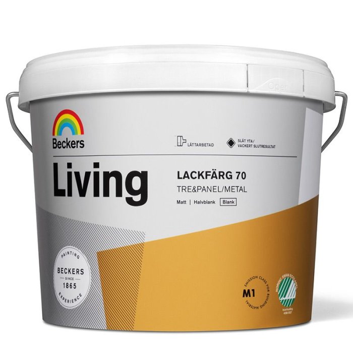 En hink med Beckers lackfärg för trä och metall, vita och guldiga toner, märkt "Living", matt/halvblank/blank finish.