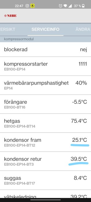 Skärmdump av NIBE värmepumpsystem med temperaturstatistik och serviceinformation som visar att kompressormodulen är blockerad.