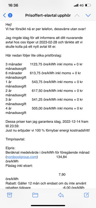 En skärmbild av en mobiltelefon som visar en elavtalsprisoffert på svenska med olika avtalstider och priser.