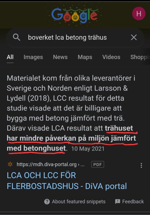 En skärmdump visar Google-sökresultat med markerade ord om byggmaterial och miljöpåverkan.