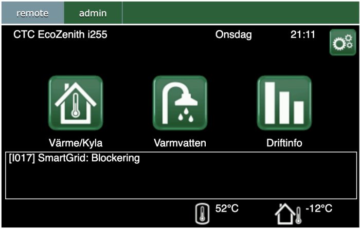 Display för värmepump, CTC EcoZenith i255, driftläge, varmvatten, temperaturer, felmeddelande "SmartGrid: Blockering".