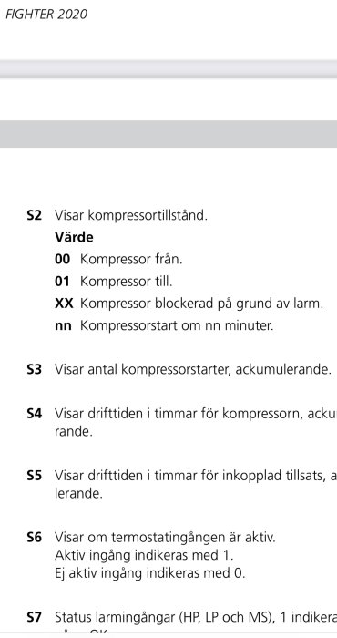 Instruktionsmanual för värmepumpsystem 'FIGHTER 2020', visar statuskoder för kompressor och termostat.