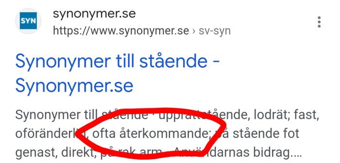 Webbsideskärmdump visar synonymlista för "stående" med markerat ord på synonymer.se.