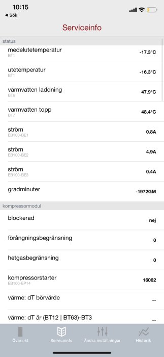 Skärmdump av en app visar serviceinformation för värmesystem med temperaturer och elektriska mätvärden på svenska.