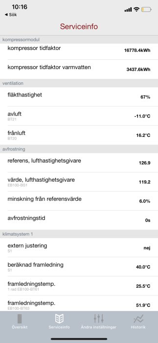 Skärmdump av serviceinformation för klimatsystem, visar kompressoranvändning, temperaturer och inställningar på svenska.