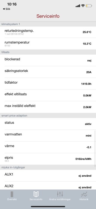 Skärmdump av serviceinformation för klimatsystem, visar temperaturer, drifttid och inställningar på svenska.