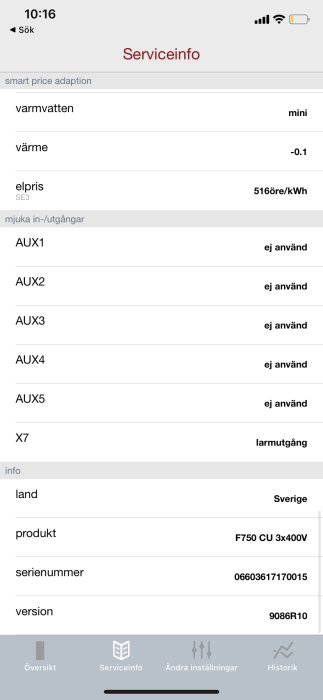 Skärmdump av serviceinformation för ett elsystem, visar vattentemperatur, elpris, och mjuka in-/utgångar; på svenska.