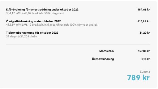 Faktura för elanvändning med specifikationer på förbrukning och kostnader, inkluderande moms och avrundning. Totalbelopp: 789 kronor.