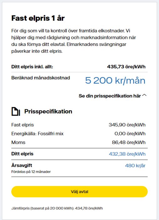 Elavtal om fast elpris i ett år, prisinformation, månadskostnad och knapp för att välja avtal.