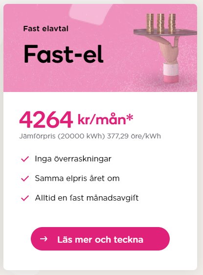 Reklam för elavtal: "Fast-el", 4264 kr/mån, fasta priser, inga överraskningar, enhetlig månadsavgift, rosa bakgrund.