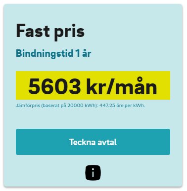 Elavtal erbjudande, fast pris, ett års bindningstid, kostnad 5603 kr/mån, jämförpris information, knapp för att teckna avtal.