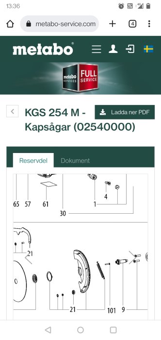 Ersättningsdelslista för Metabo kapsåg, tekniska ritningar, numrerade komponenter, webbsida, nerladdningsbar PDF.