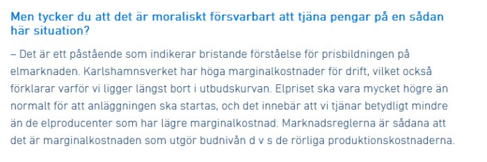 Detta är en textbild på svenska om elmarknaden, prissättning och moraliskt försvarbart agerande.