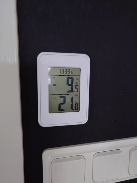 Digital termometer inne visar 21.0°C, ute 9.9°C. Vit ram, svart bakgrund, plastknappar nedanför. Tid och datum överst.