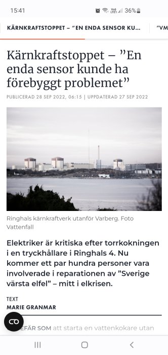 Artikel om kärnkraftsproblem, Ringhals, sensor, reparationer, elektriker, kritik, elbrist, foto av kraftverk.