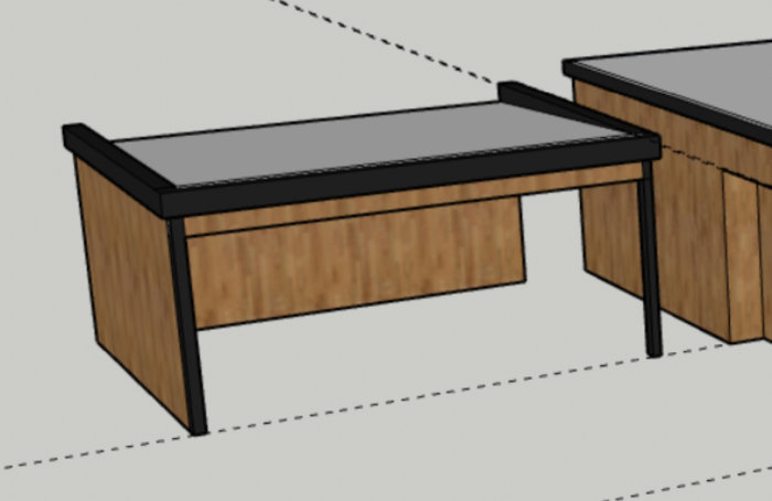 3D-modellerad illustration av kontorsmöbler: två skrivbord med träpaneler och svarta konturer.