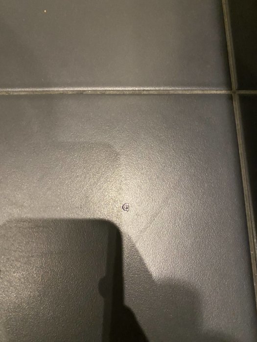 Mörkt golv med foglinjer och en liten skruv. Skugga av en person reflekteras på ytan.