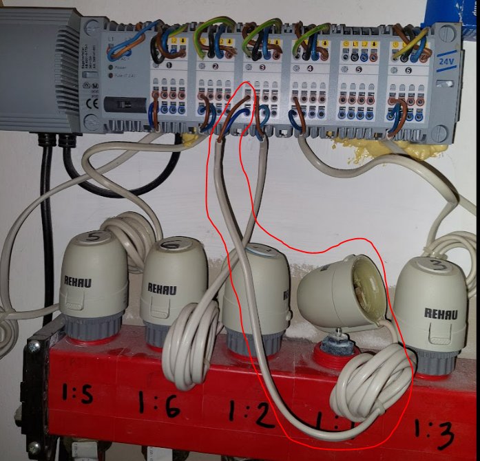 Installationscentral för golvvärme med aktuatorer, fördelarblock och kablar, på vägg ovanför röd balk.