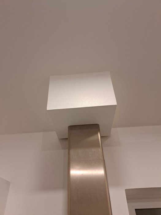 Vit kubisk lampa på metallstolpe, minimalistisk inredning, mjuk belysning, designad modern bostad.