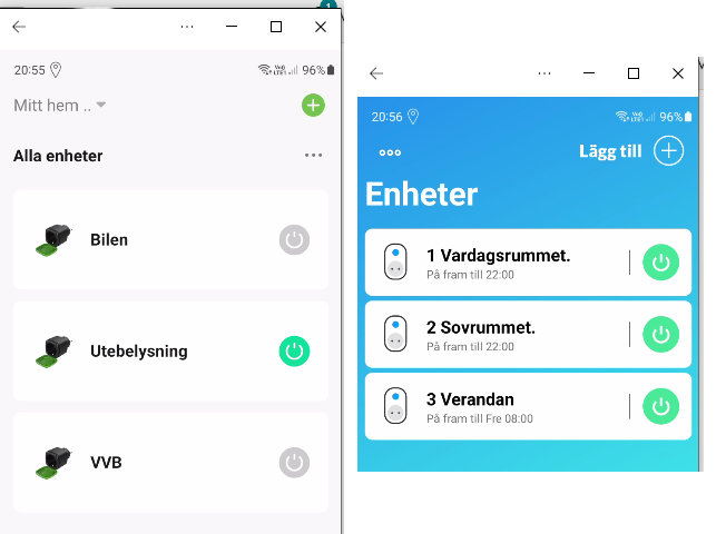 Skärmdump av en smart hem-app med enhetskontroll för bil, utomhusbelysning och ventiler.