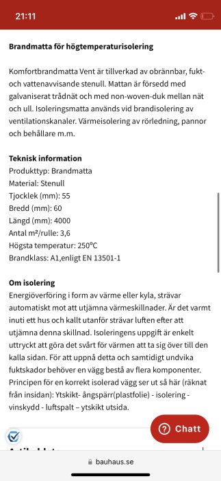 Skärmdump av en produktbeskrivning för en brändmatta med tekniska specifikationer och information om isolering från en webbplats.