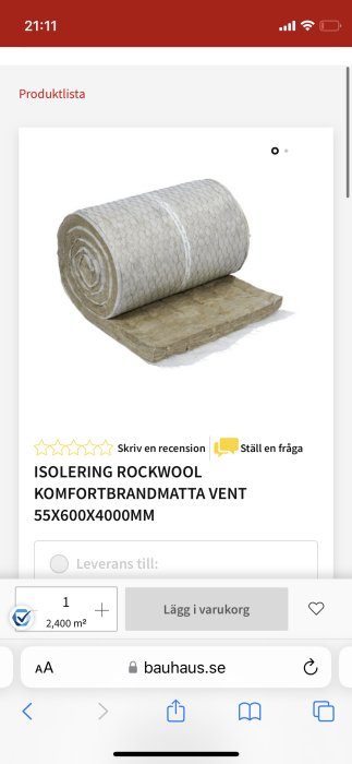 Skärmbild från webbutik visar Rockwool isoleringsmatta, fem stjärnor betyg, storlek/specifikationer och köpalternativ.