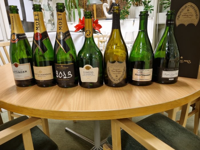Tomma champagneflaskor uppställda på ett runt bord med en inredningsmiljö i bakgrunden.