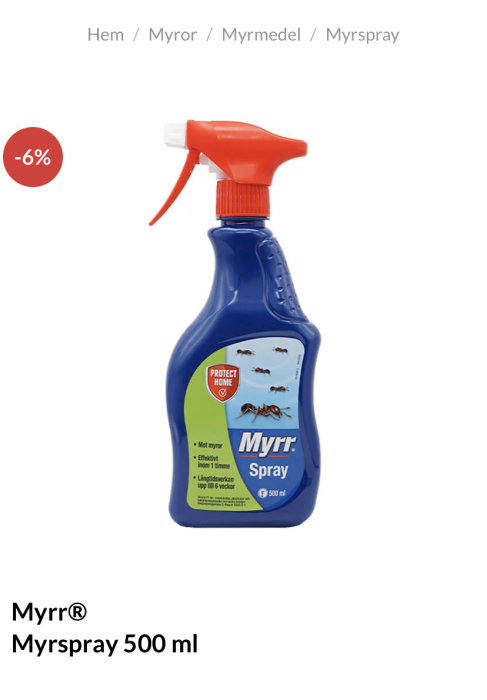 En sprayflaska med myrmedel, 500 ml, blå med röd spraymunstycke, märkt "Myrr". Reklam för skadedjursbekämpning.