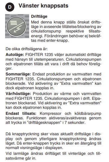 Svensk manual om knappfunktioner för värmesystem, innefattar driftlägen och förklaringar.