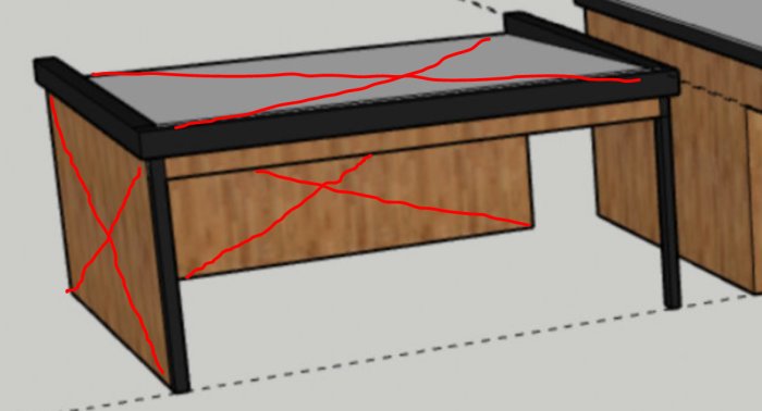 3D-illustration av skrivbord med röda markeringar som antyder fel eller ändringar.