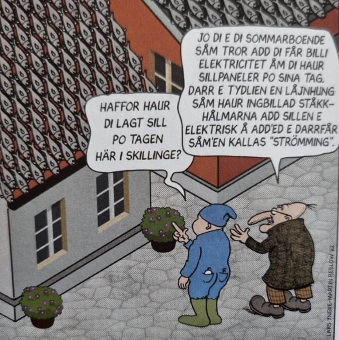 Två män pratar, den ene förklarar att sill på taket kallas "strömming", skämtar om solpaneler och elektricitet. Cartoon.